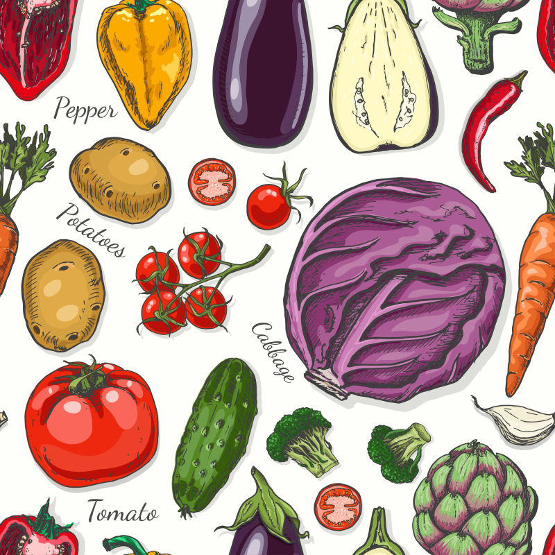 抽象矢量现代彩色蔬菜元素无缝背景