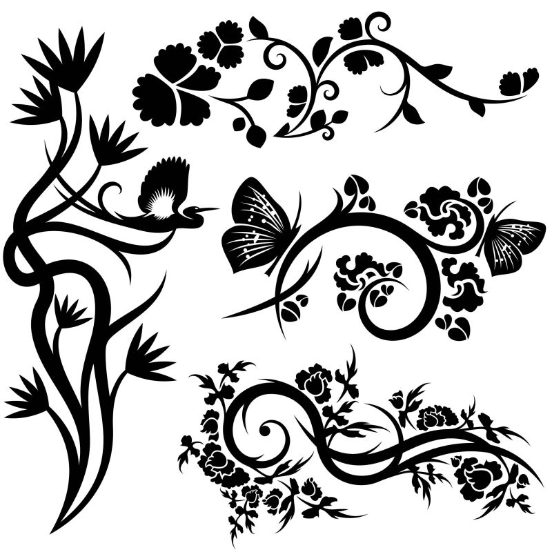 抽象矢量黑色中式花卉装饰设计元素
