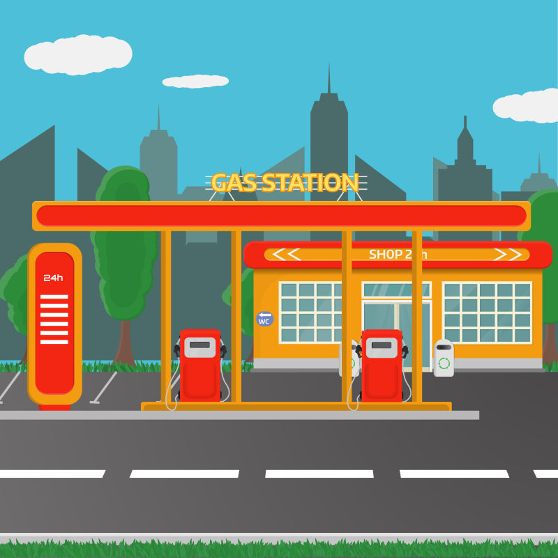 创意矢量平面风格的加油站插图