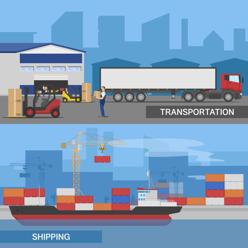 抽象矢量港口运输的平面设计插图