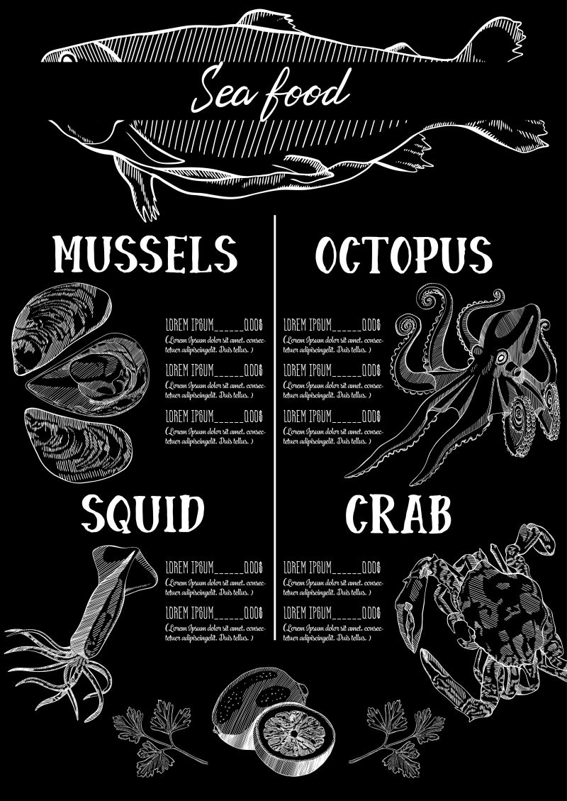 创意矢量手绘风格的海鲜菜单设计