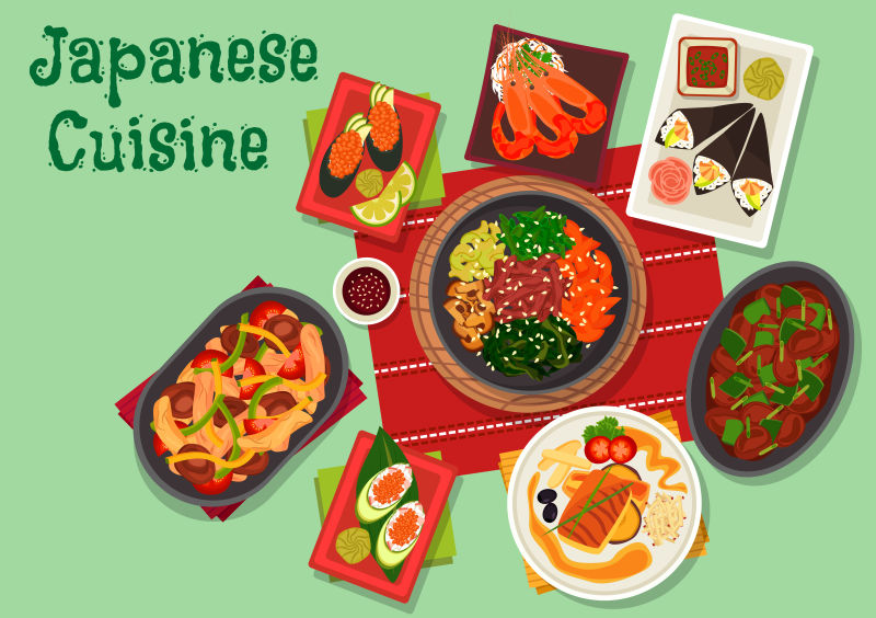 抽象矢量日本料理的平面插图
