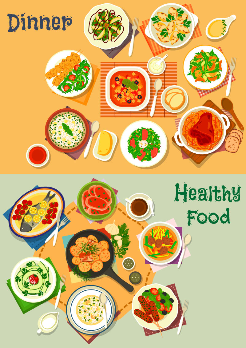 健康午餐和晚餐食品图标集设计