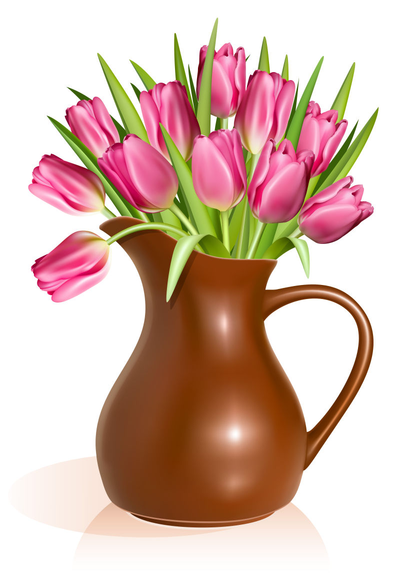 矢量棕色花瓶里的郁金香花束