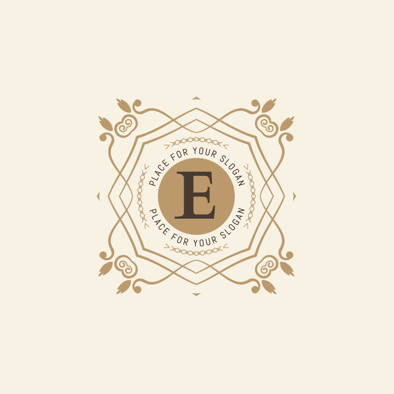 字母E蓬勃发展的书法单字徽章模板豪华典雅的框架装饰品线标志设计矢量插图咖啡厅酒店纹章餐厅精品店的设计实例