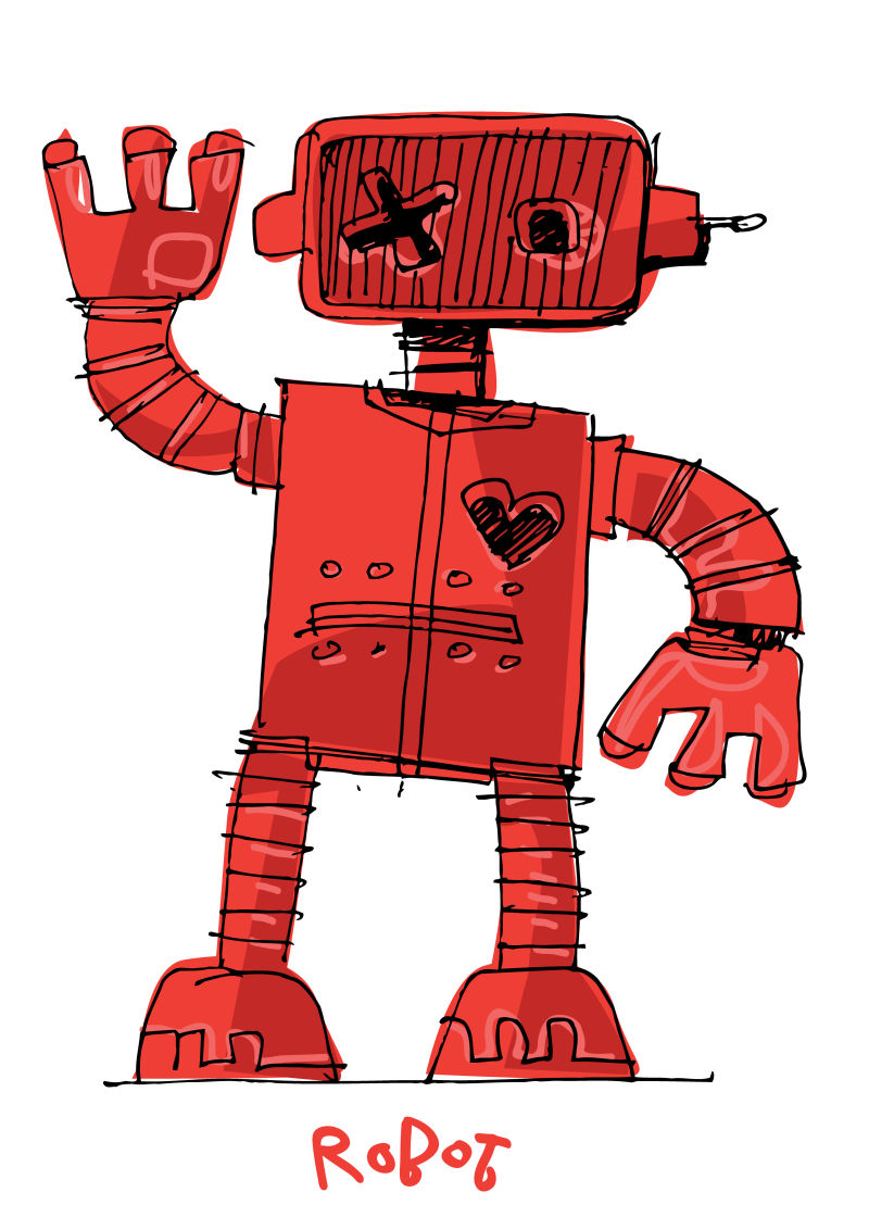 矢量可爱红色的手绘机器人
