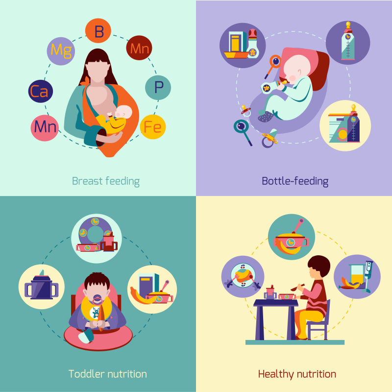 创意矢量婴儿喂养主题的平面设计插图