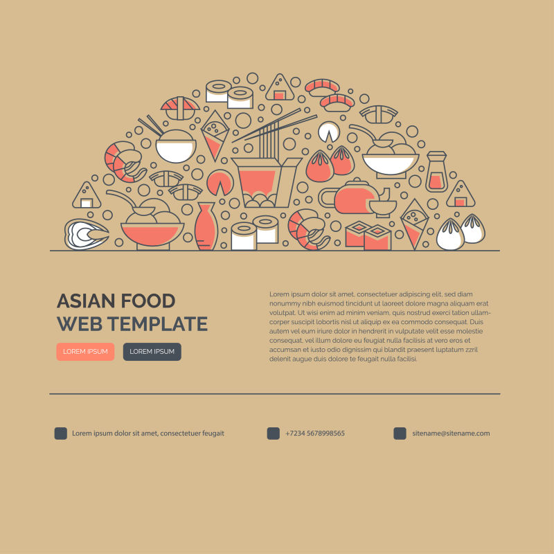 抽象矢量亚洲食品元素的平面网站设计