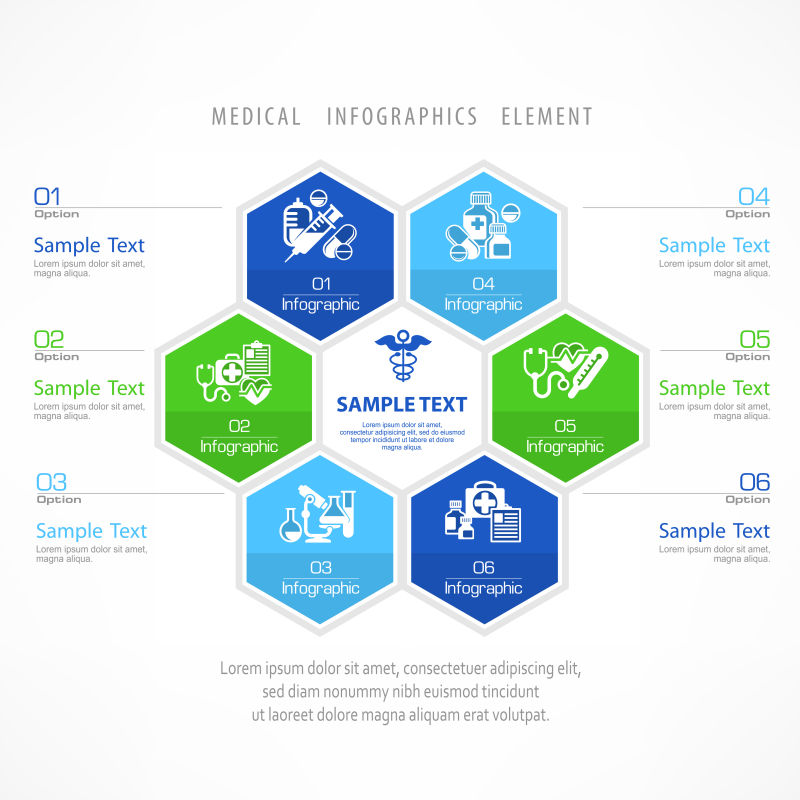矢量六边形元素的医疗信息图表