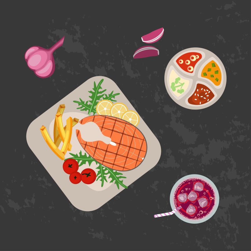 创意矢量现代烤鱼排的原料设计插图