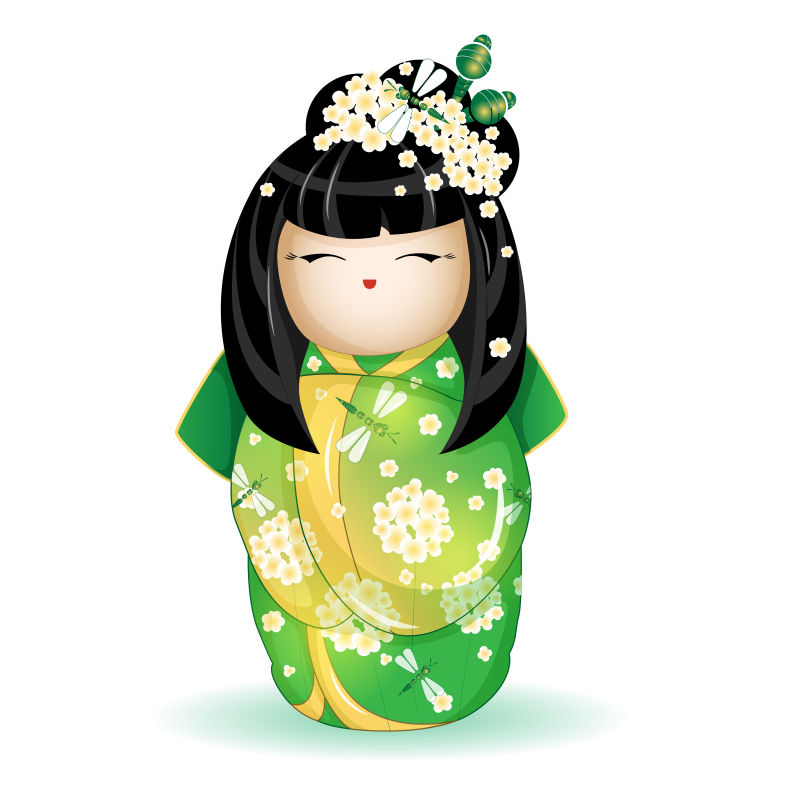 创意矢量绿色和服的日本娃娃设计