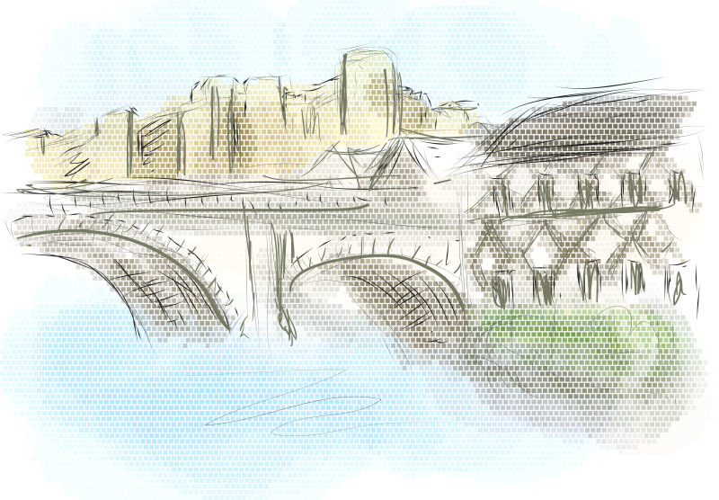 创意矢量古老建筑河畔手绘插图