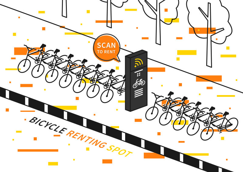 自行车租赁站矢量插图装饰元素自行车排租创意概念用于共享和出租自行车图形设计的无线站
