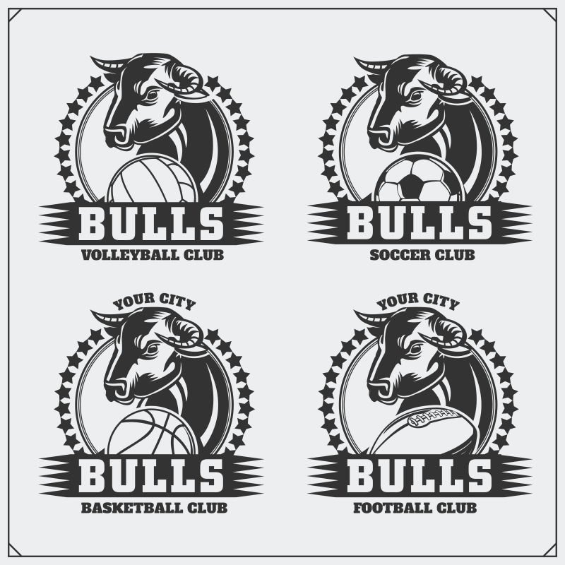 排球棒球足球和足球标志和标签体育俱乐部以公牛为标志