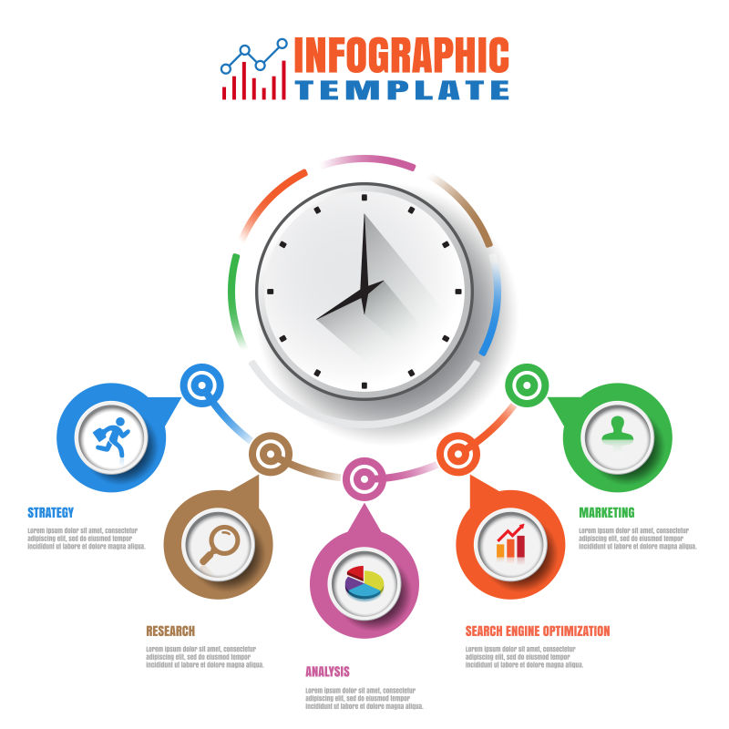 抽象矢量现代时钟元素的商业信息图表设计