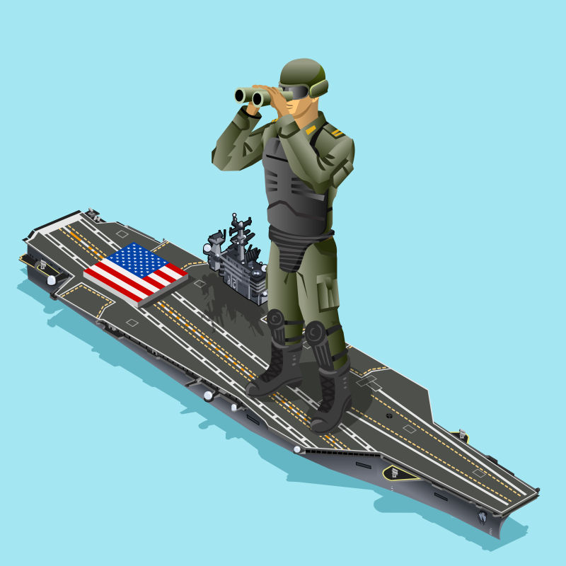 创意矢量美国航空母舰防卫主题等距插图设计