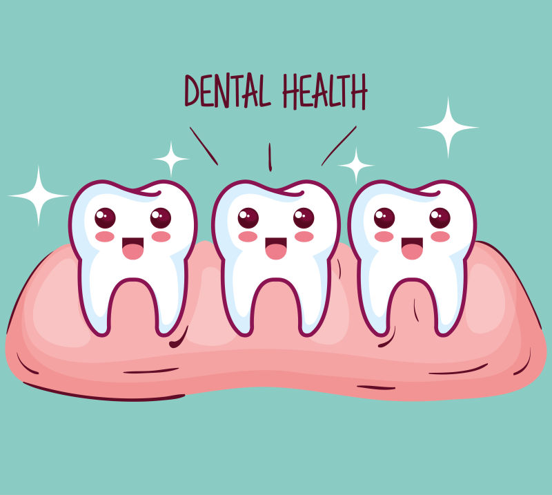 卡哇伊健康牙齿和牙龈的泰尔背景矢量插图