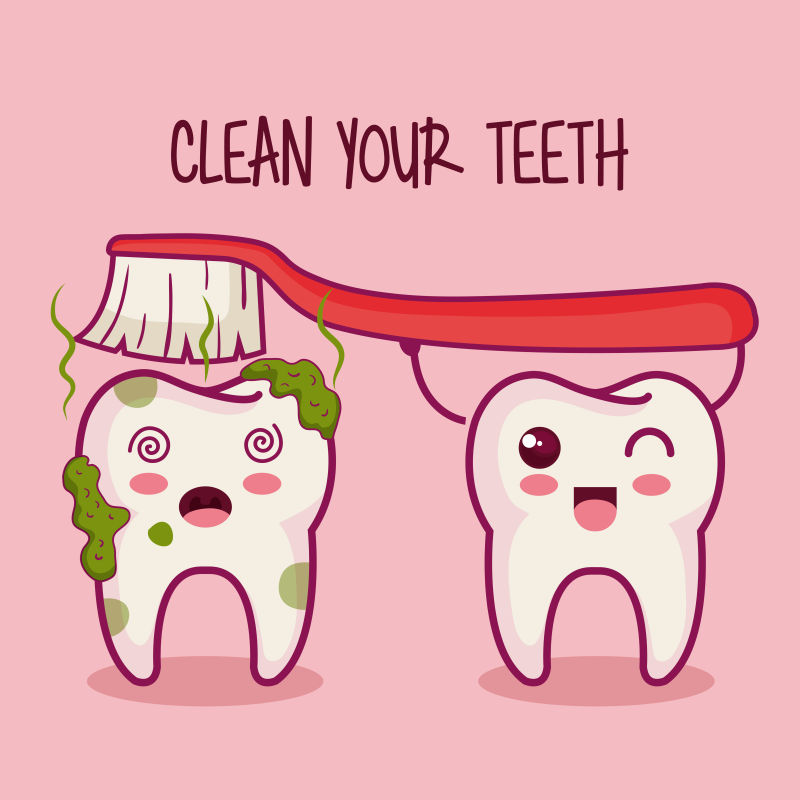 KaWii牙齿和刷子清洁你的牙齿标志粉红背景矢量插图