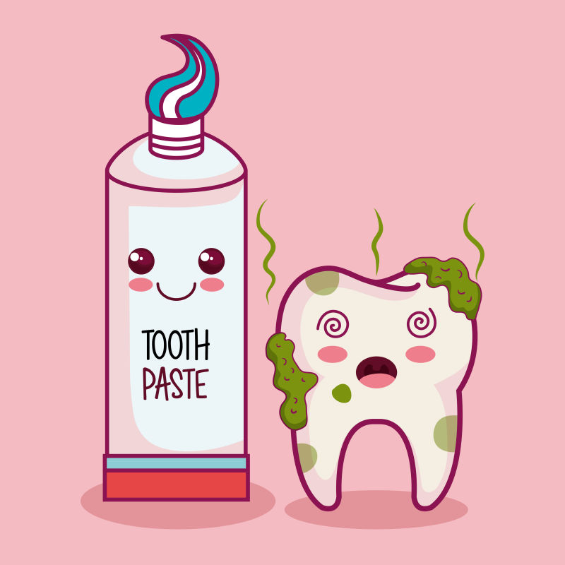 KaWii肮脏牙齿和牙膏粉红背景矢量插图