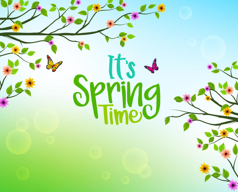 春天的背景树和Colorful Flowers和成长的叶子在一个地平线的春季自然相关的设计矢量插图
