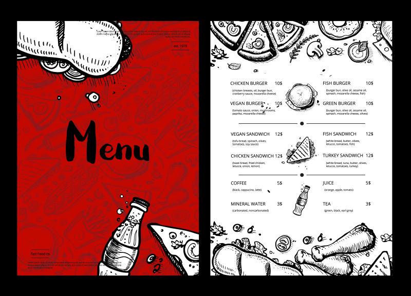 抽象矢量现代时尚手绘风格的餐厅菜单设计