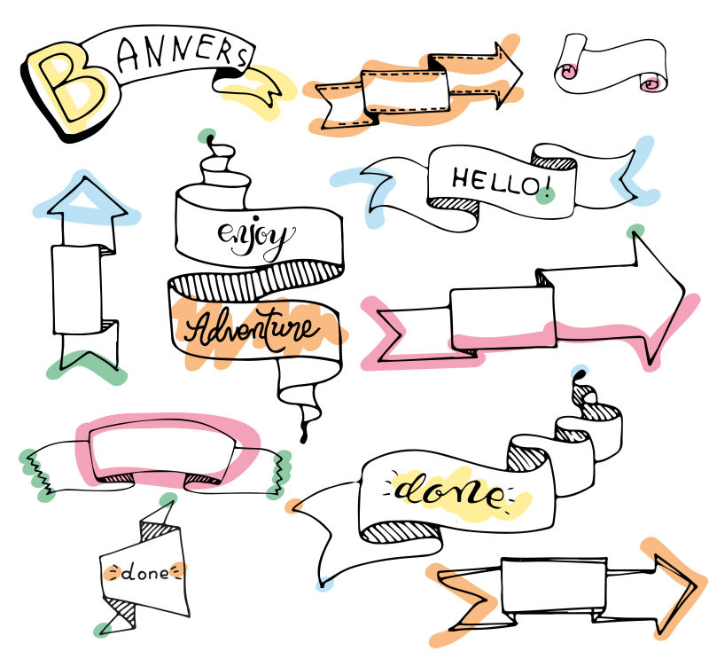 创意矢量现代手绘飘带横幅设计
