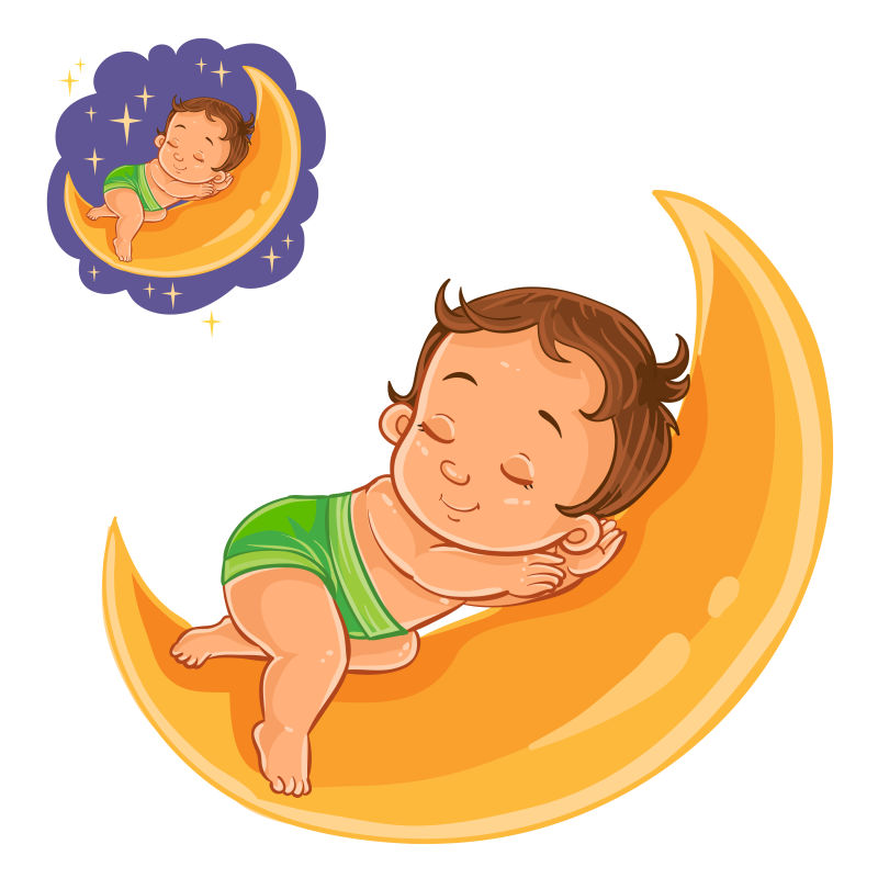 抽象矢量现代月亮上睡觉的孩子插图设计