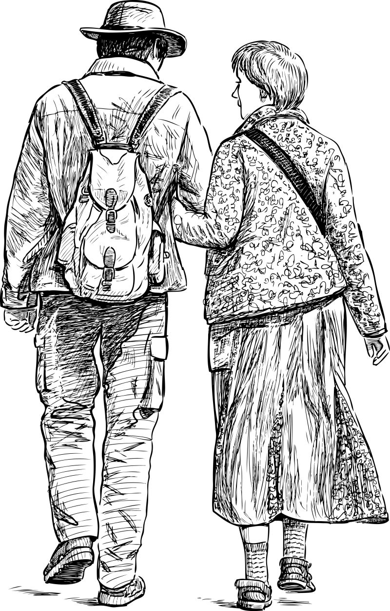 抽象矢量散步的夫妇素描插图设计