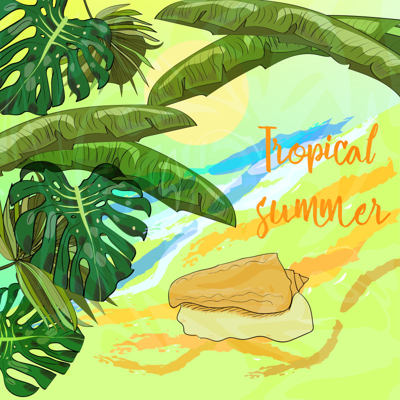 热带夏季海报热带叶子和贝壳的海滩矢量插图