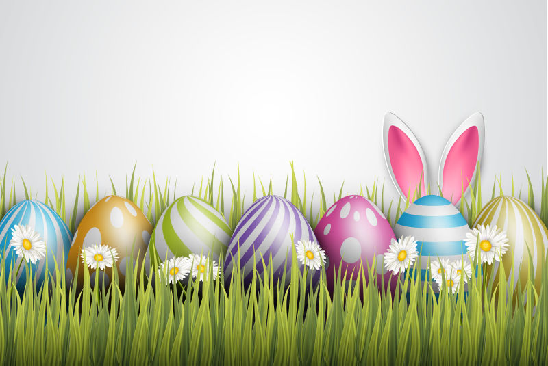 复活节背景彩绘3D逼真的鸡蛋和兔子耳朵绿色玻璃和鲜花矢量图