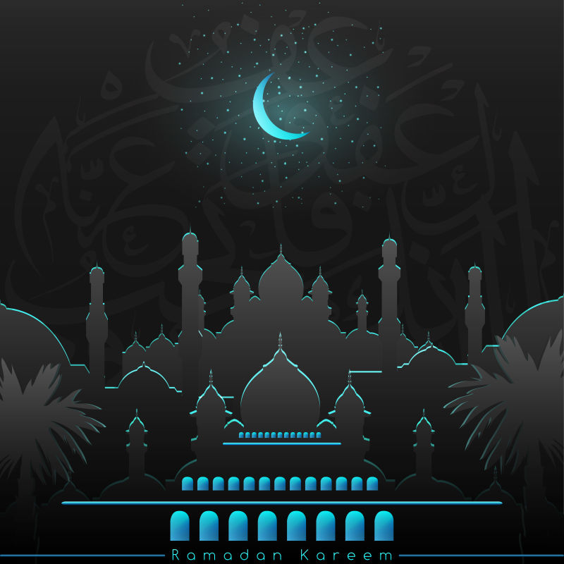 以美丽的清真寺星星和发光的月亮为背景的斋月卡列姆问候