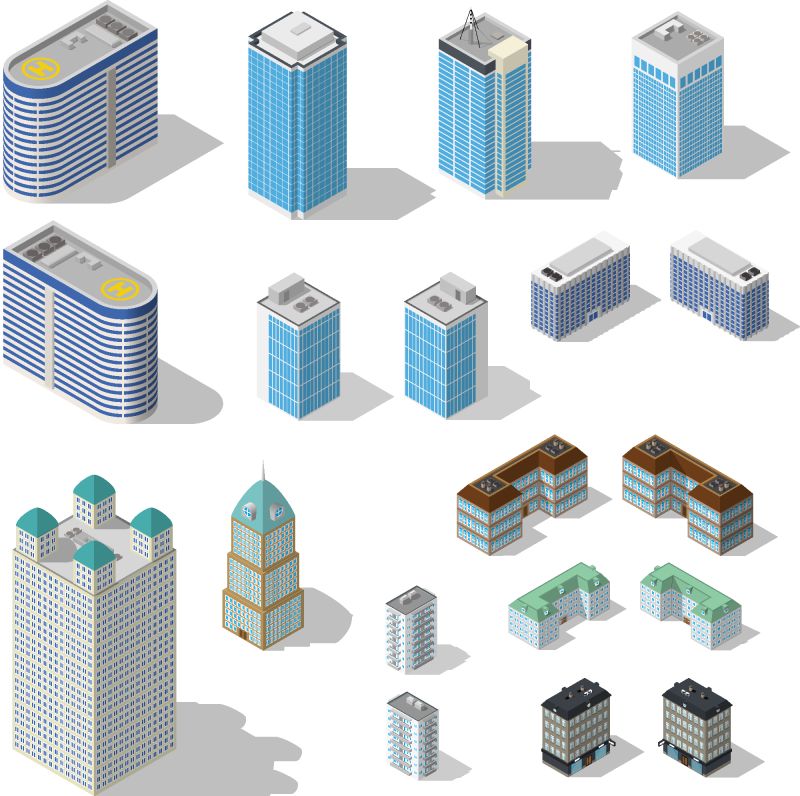 白色背景上的等距建筑物插图