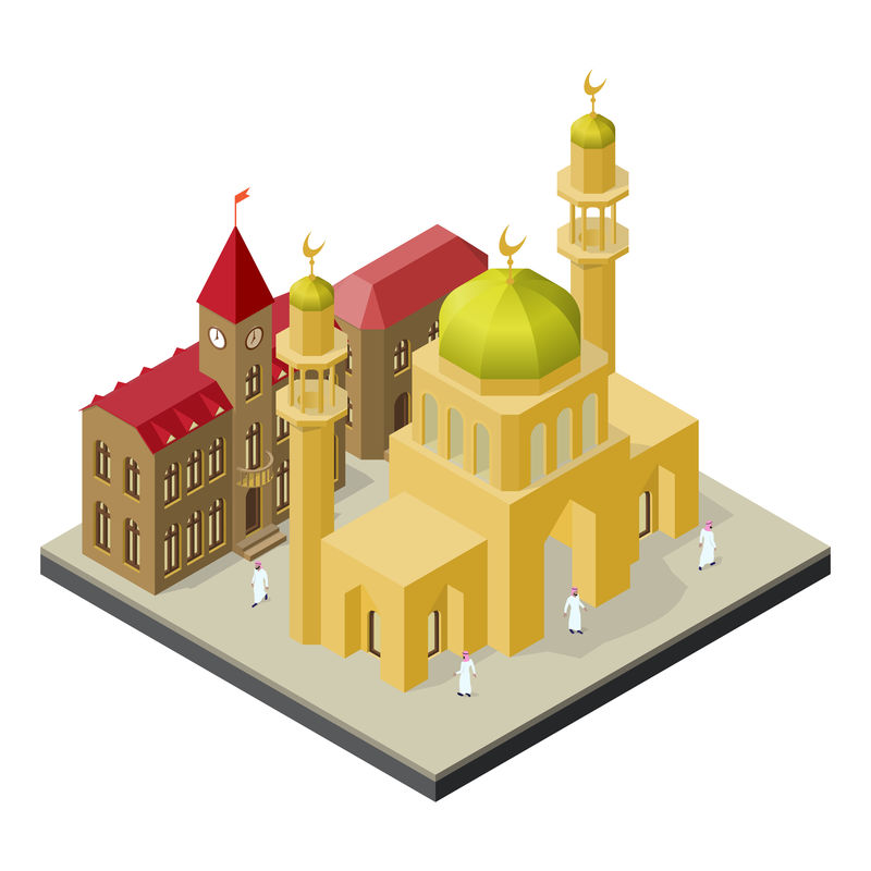城市生活的等距视图带尖塔的清真寺城市建筑