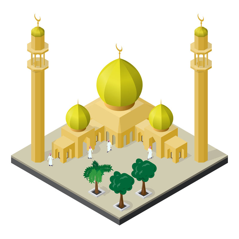 清真寺尖塔阿拉伯男子和棕榈树等距视图