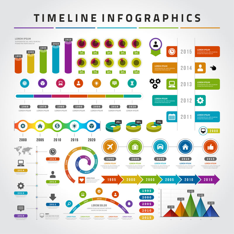 时间线信息图形设计模板集图表图表图标对象数据矢量元素演示文稿