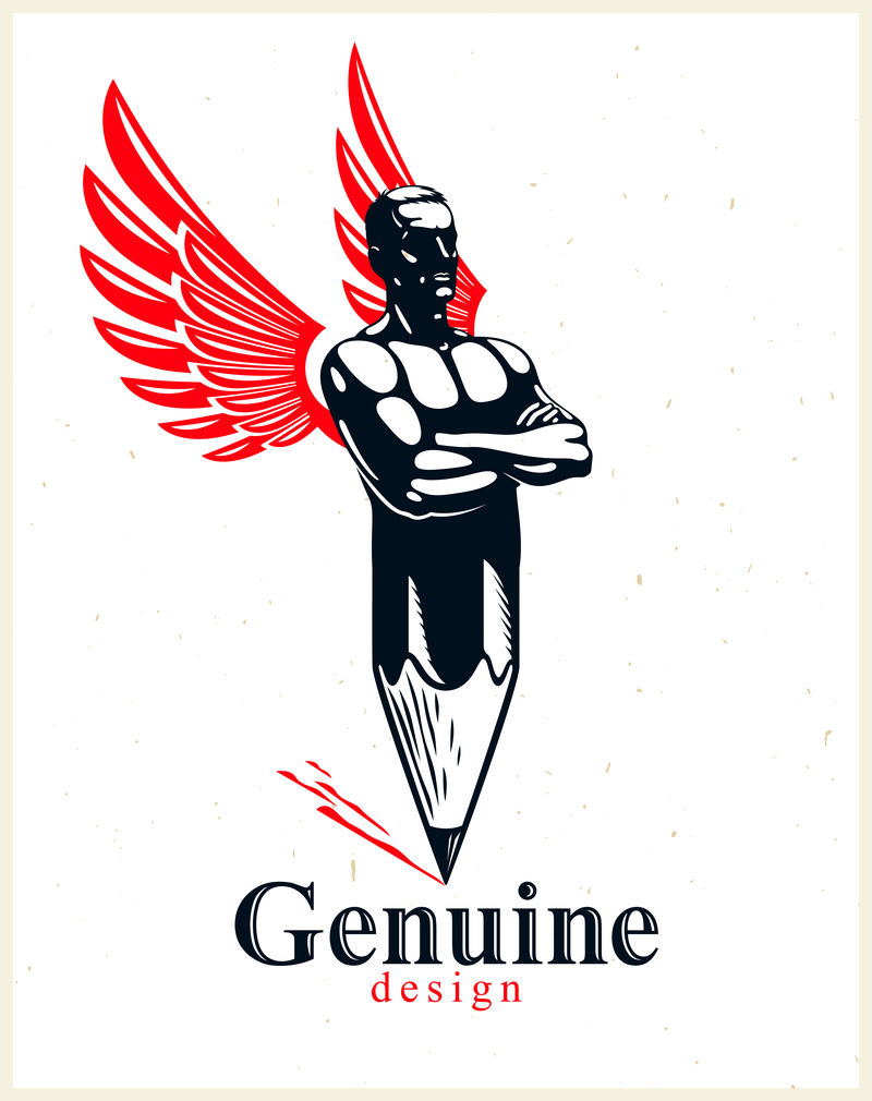 强人肌肉男用铅笔和翅膀组合成一个符号