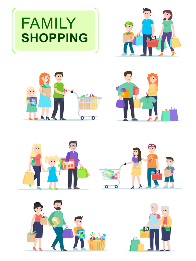 一组携带购物袋的人男人和女人和他们的孩子一起去购物在商店里卖东西白色背景上孤立的卡通人物平面矢量图