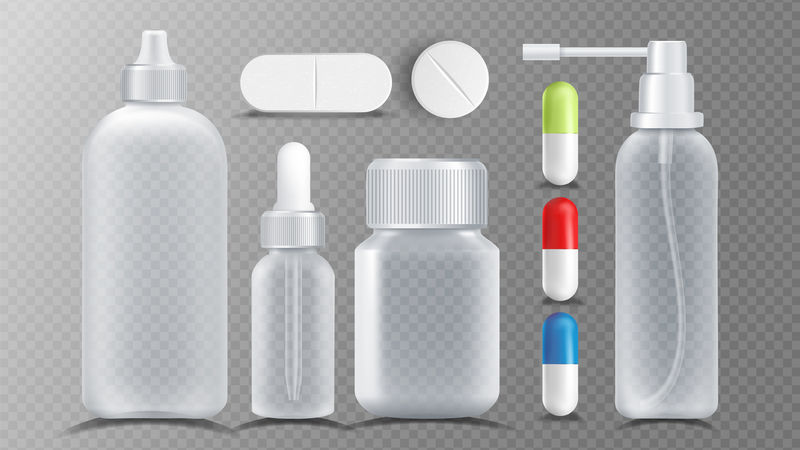 透明医疗容器载体药片维生素胶囊罐包装设计独立写实插图