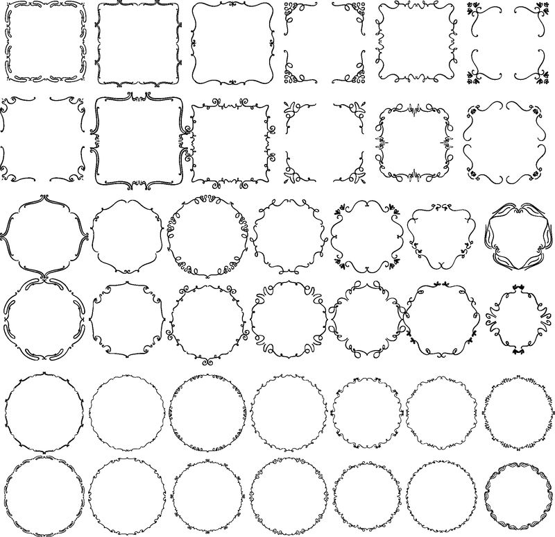 一套手绘的涂鸦装饰框架和边框-单线设计模板-白底隔离
