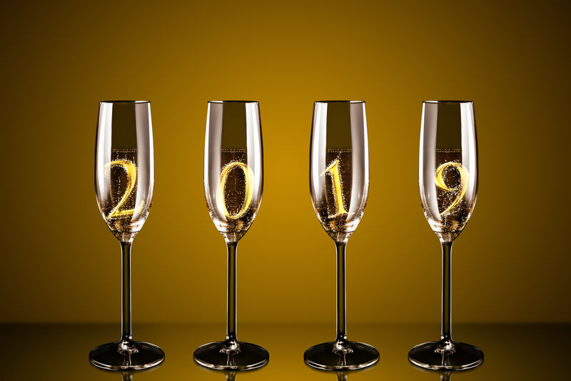 2019年数字香槟四杯-美丽的新年庆祝概念图