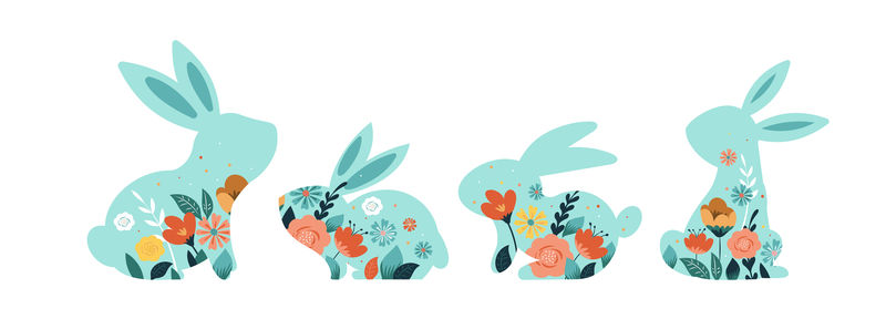 复活节快乐矢量图兔子图标装饰有花