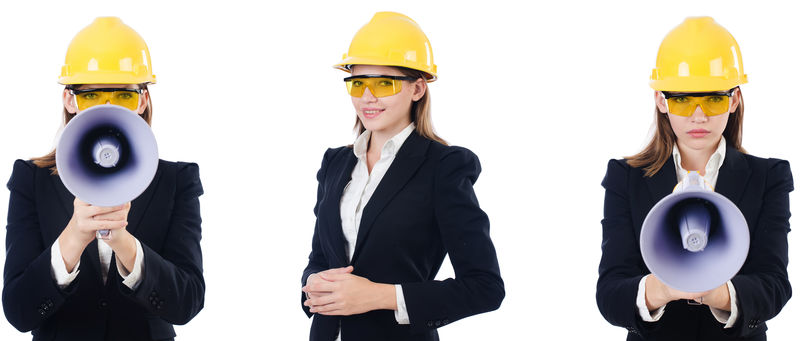 女建筑工人带白色隔离扩音器