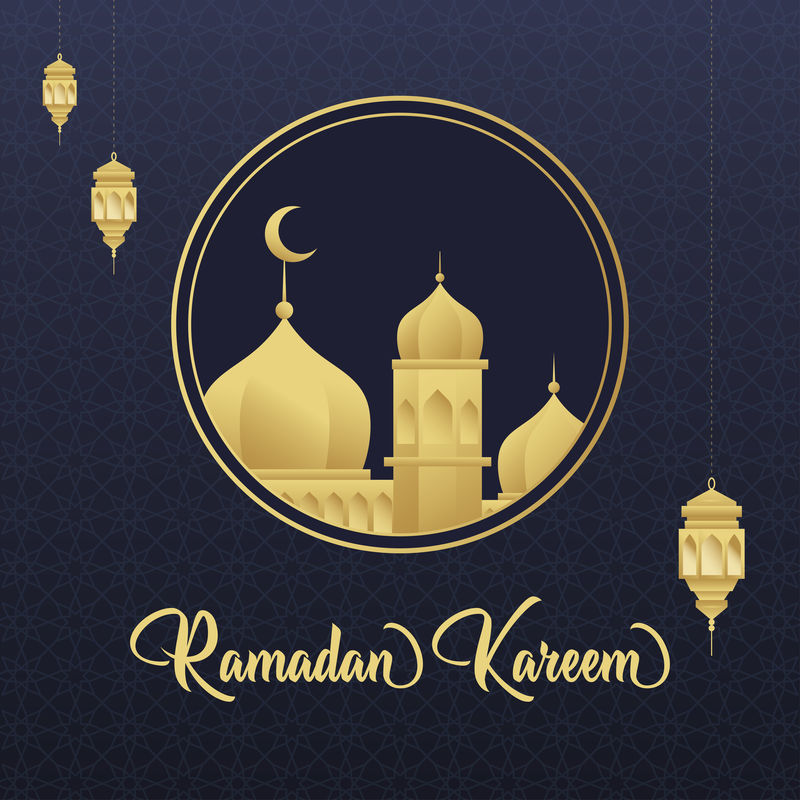 2019年的斋月卡雷姆（Ramadan Kareem）或开斋节穆巴拉克（Eid Mubarak）-背景为-纸色背景上有金色图案和水晶-（翻译：Ramadan Kareem）