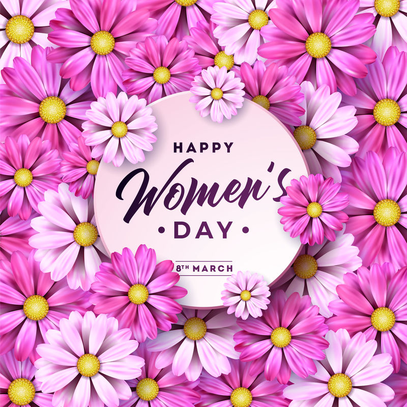 3月8日妇女节快乐鲜花贺卡国际节日插画粉色背景上有花卉图案矢量春季庆典模板