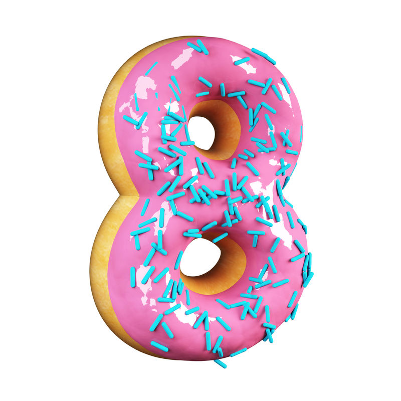 玫瑰釉甜甜圈字体概念与蓝色洒美味的8号独立于白色背景的三维渲染