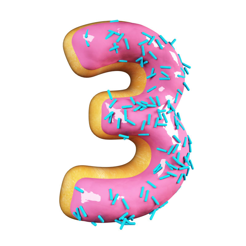 玫瑰釉甜甜圈字体概念与蓝色洒美味的3号独立于白色背景的三维渲染