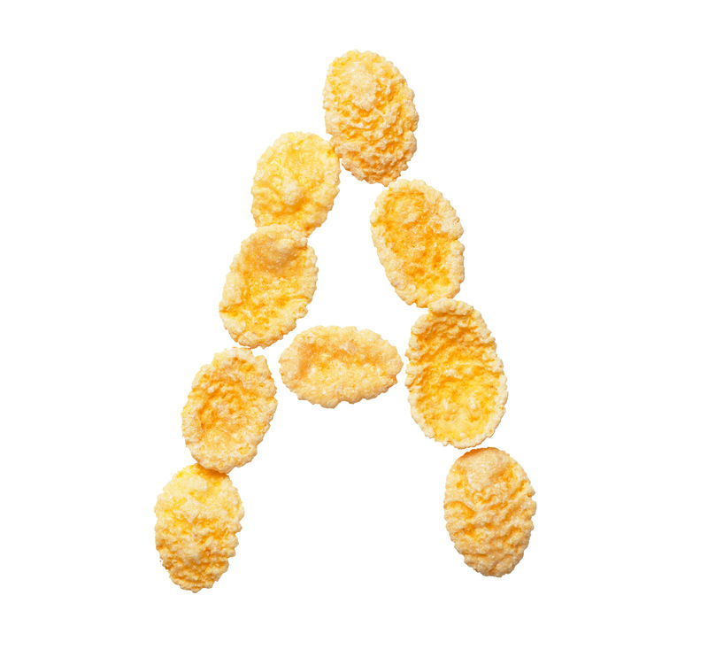 黄色玉米片字母A白底独立字母谷物薄片