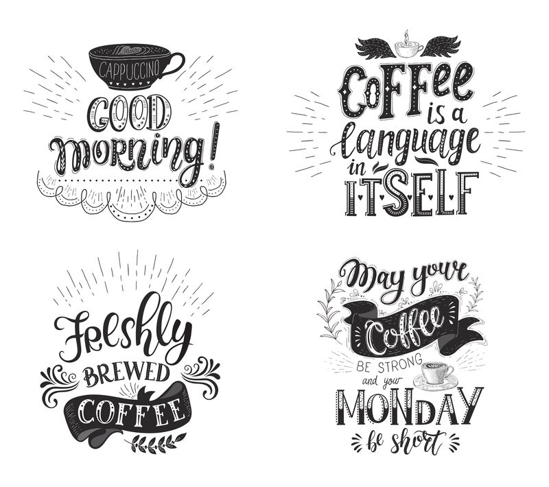 一套咖啡报价矢量手绘字体餐厅和酒吧的装饰书法和印刷设计咖啡植物