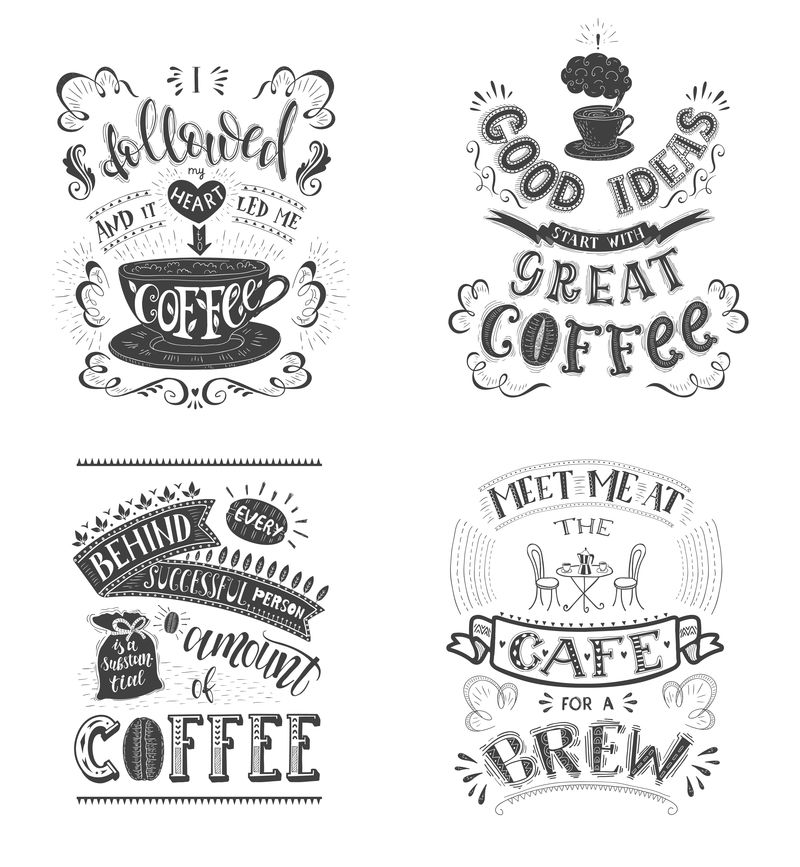 一套咖啡报价矢量手绘字体餐厅和酒吧的装饰书法和印刷设计