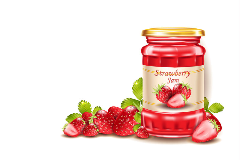 草莓果酱新鲜浆果和叶子逼真的三维插图孤立